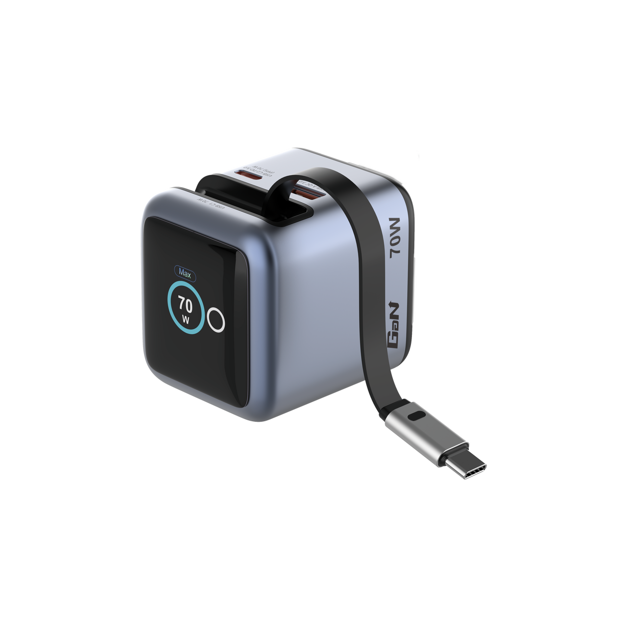 Mini GaN Charger 70W — Retractable Cable + Display